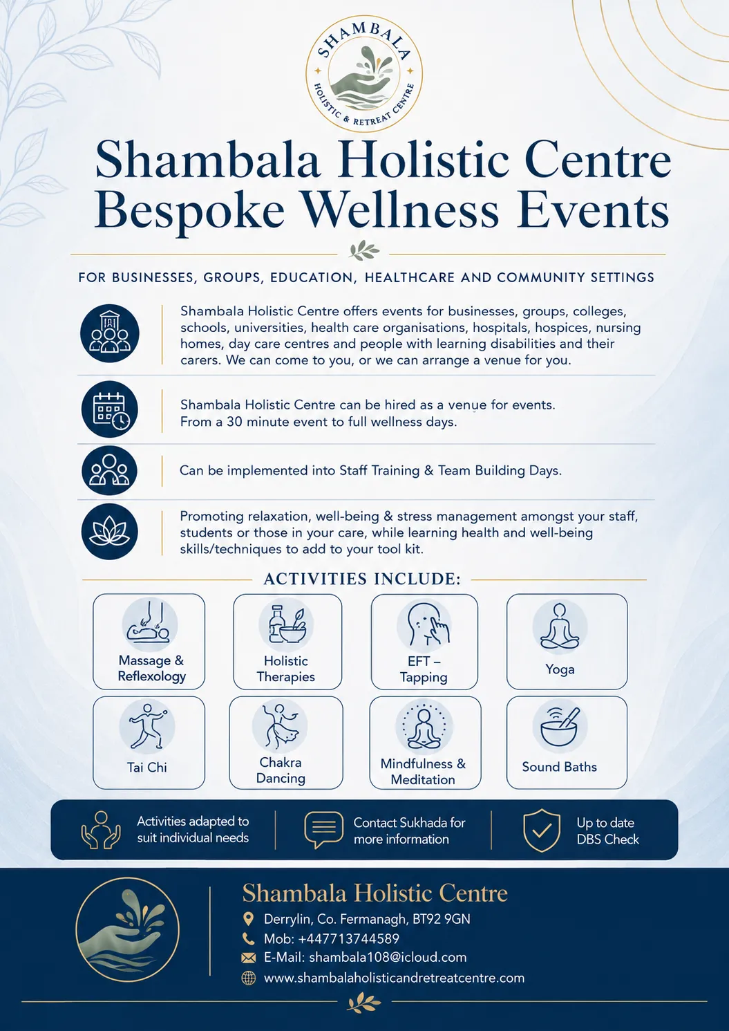 Bespoke wellness events poster for Shambala Holistic Retreat Centre, Derrylin, Co. Fermanagh