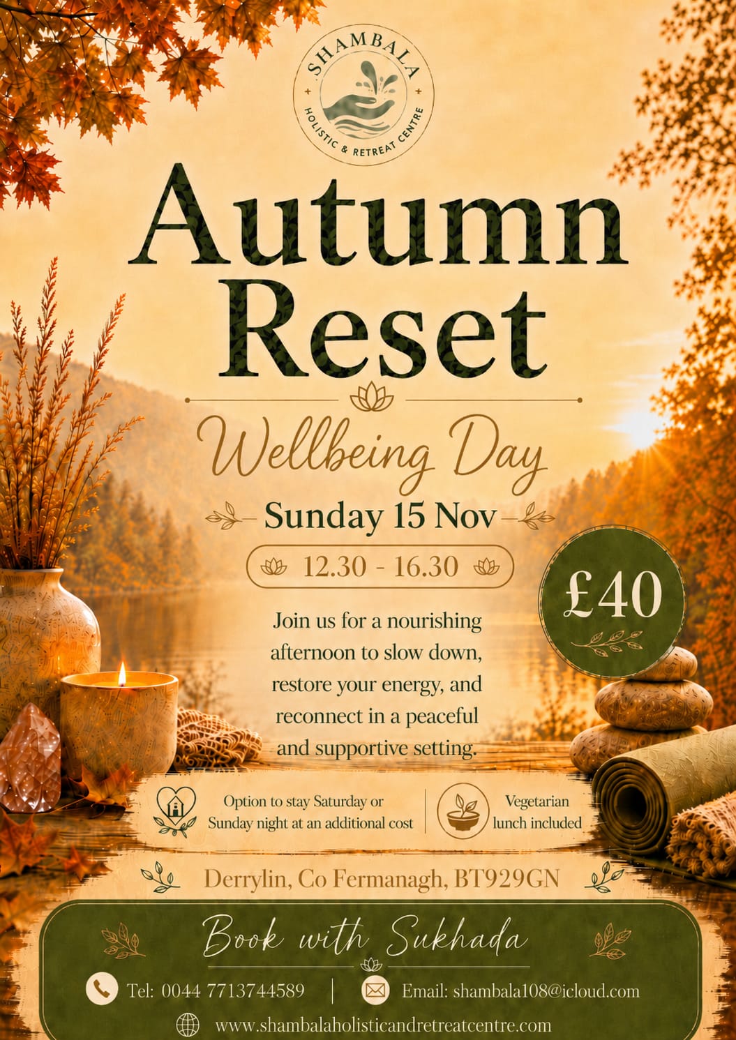 Autumn Reset Wellbeing Day poster at Shambala Holistic Retreat Centre, Derrylin, Co. Fermanagh