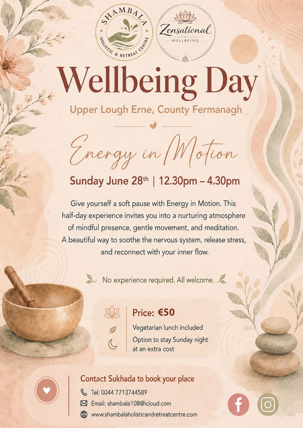 Energy in Motion Wellbeing Day poster at Shambala Holistic Retreat Centre, Derrylin, Co. Fermanagh
