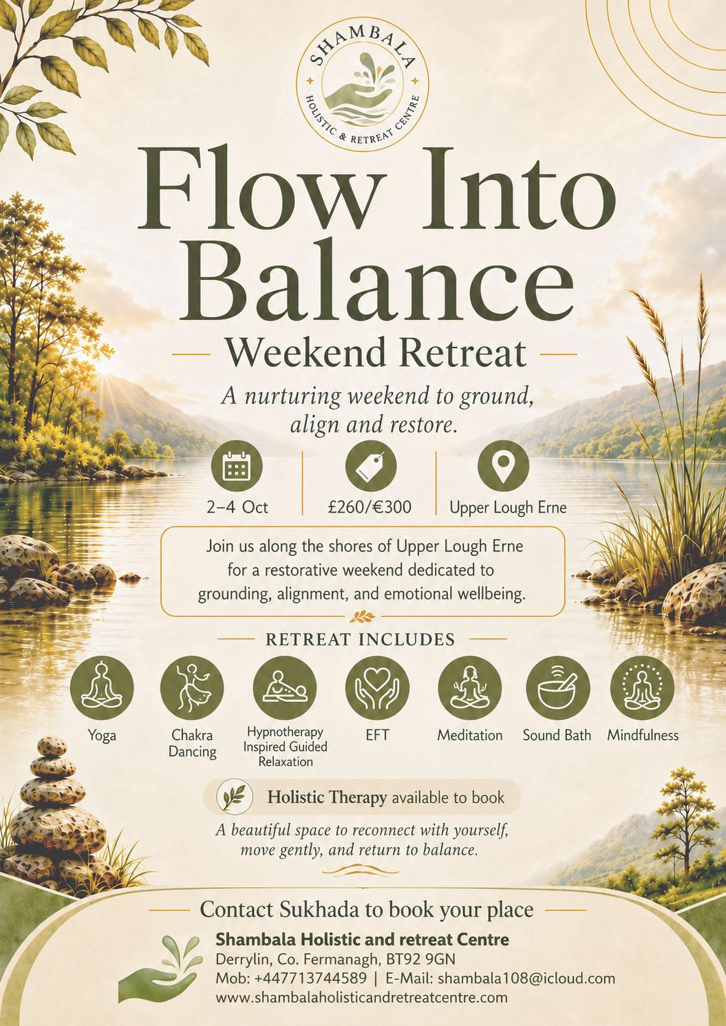 Flow Into Balance Weekend Retreat poster at Shambala Holistic Retreat Centre, Derrylin, Co. Fermanagh