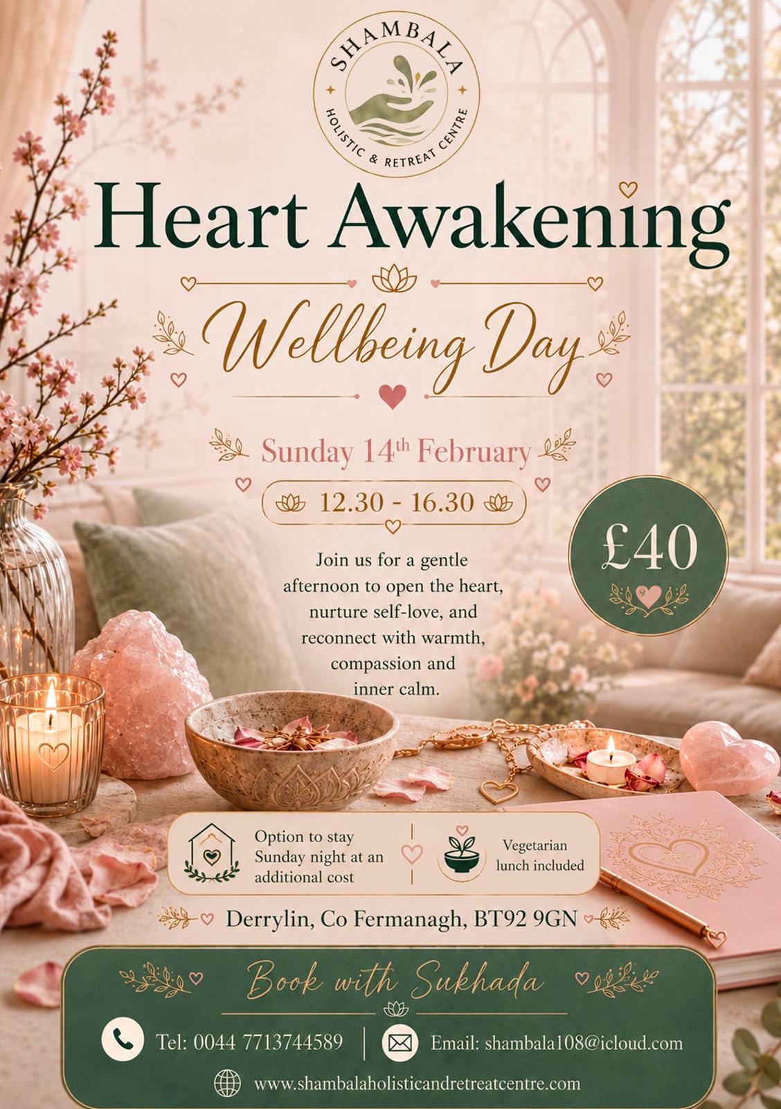 Heart Awakening Wellbeing Day poster at Shambala Holistic Retreat Centre, Derrylin, Co. Fermanagh
