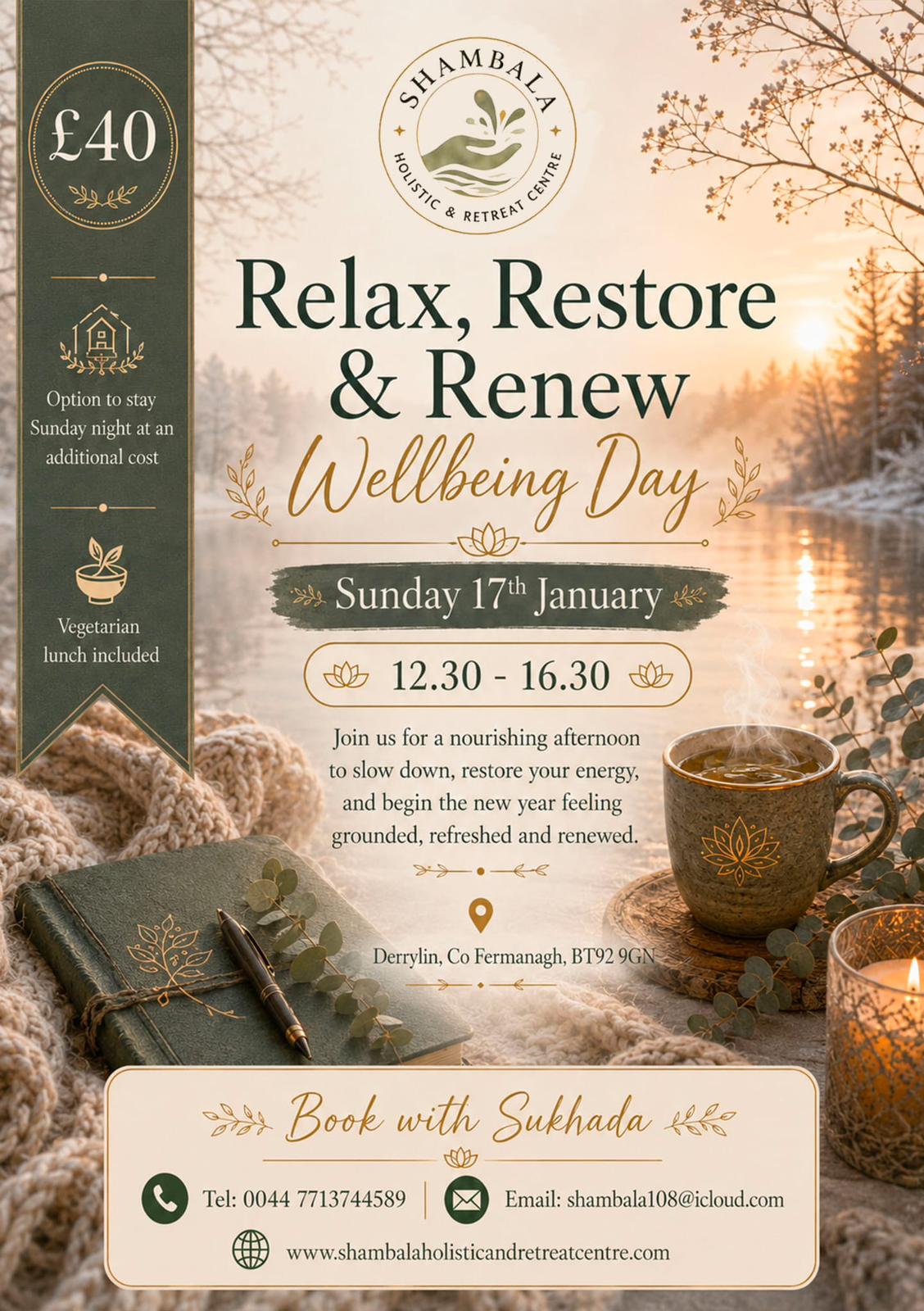Relax Restore and Renew Wellbeing Day poster at Shambala Holistic Retreat Centre, Derrylin, Co. Fermanagh