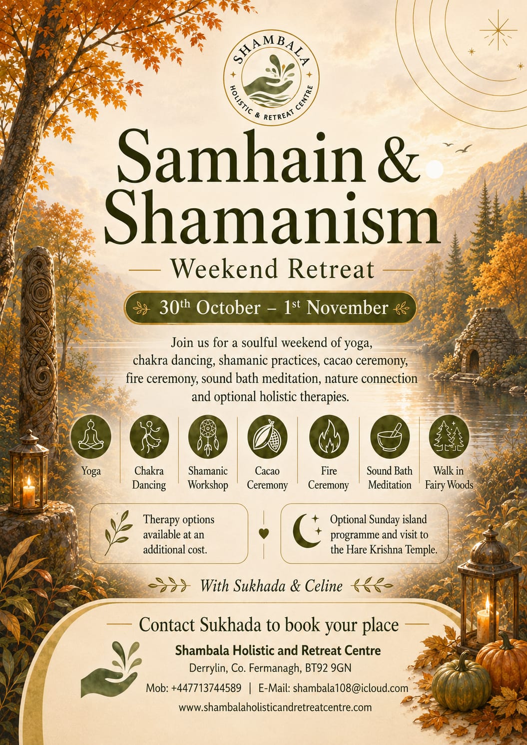 Samhain and Shamanism Weekend Retreat poster at Shambala Holistic Retreat Centre, Derrylin, Co. Fermanagh