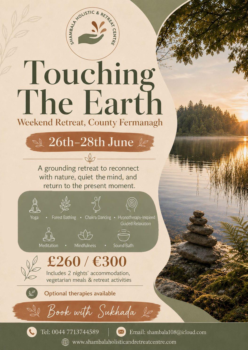 Touching the Earth grounding retreat poster at Shambala Holistic Retreat Centre, Derrylin, Co. Fermanagh