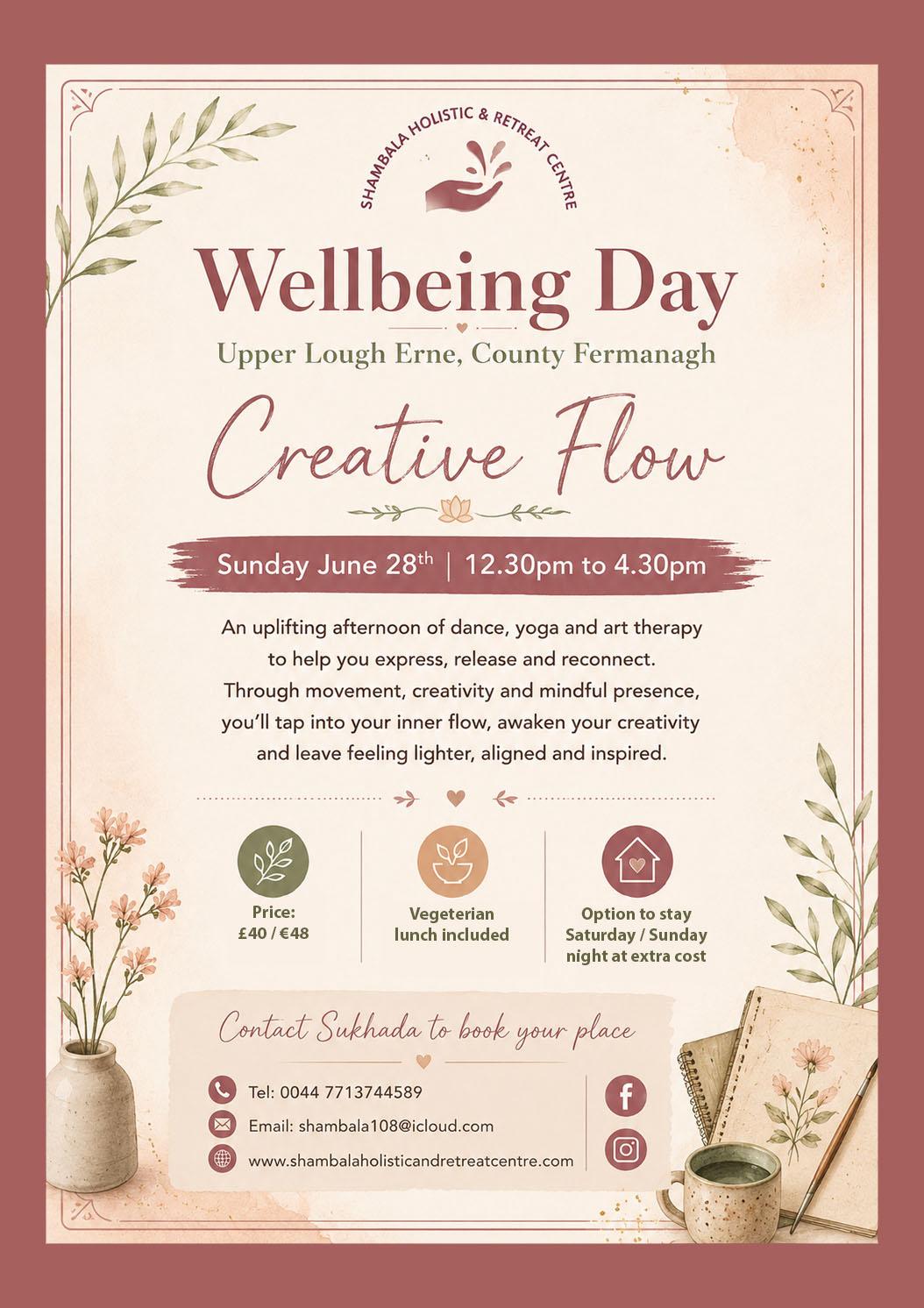 Creative Flow Wellbeing Day poster at Shambala Holistic Retreat Centre, Derrylin, Co. Fermanagh