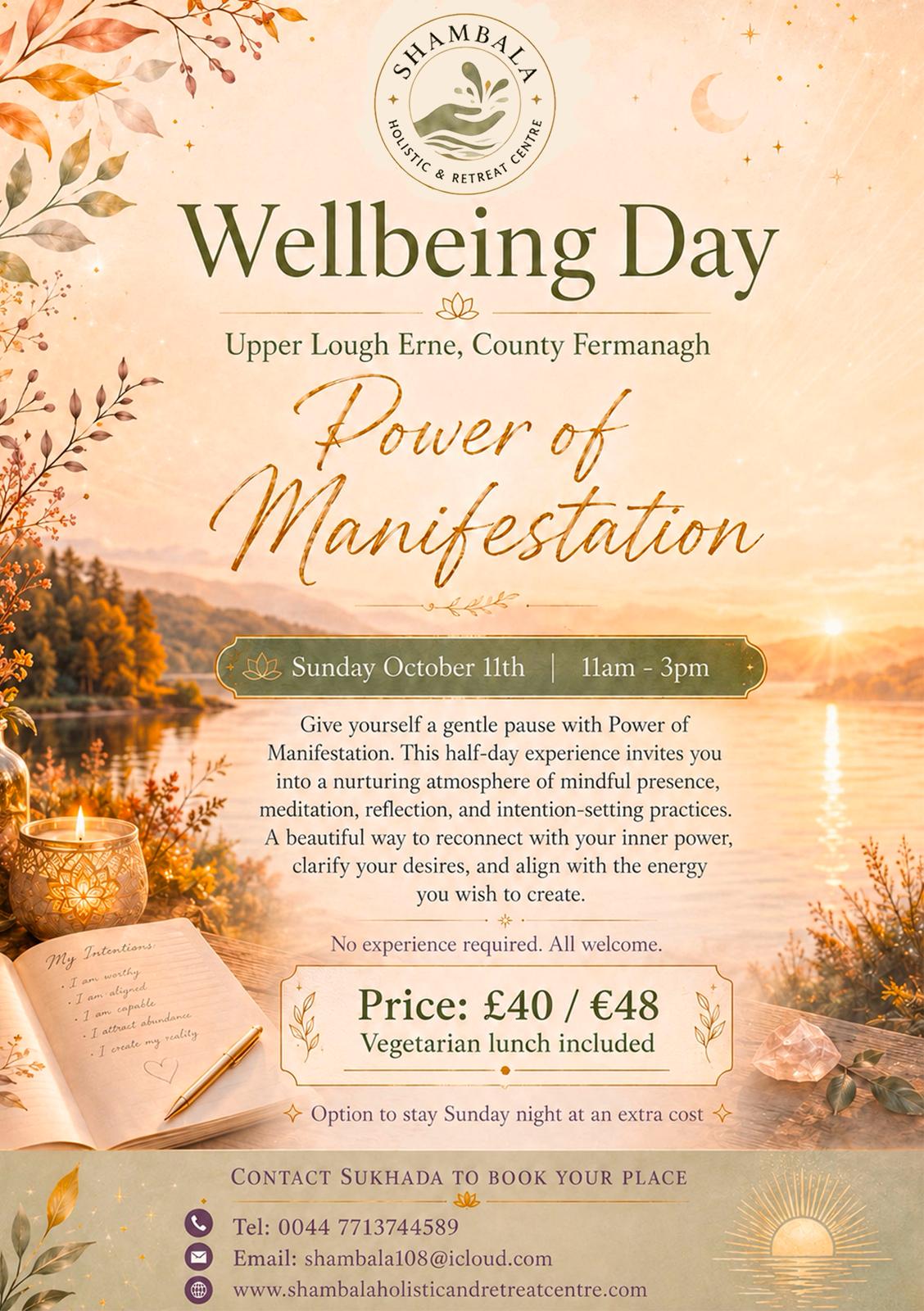 Power of Manifestation Wellbeing Day poster at Shambala Holistic Retreat Centre, Derrylin, Co. Fermanagh