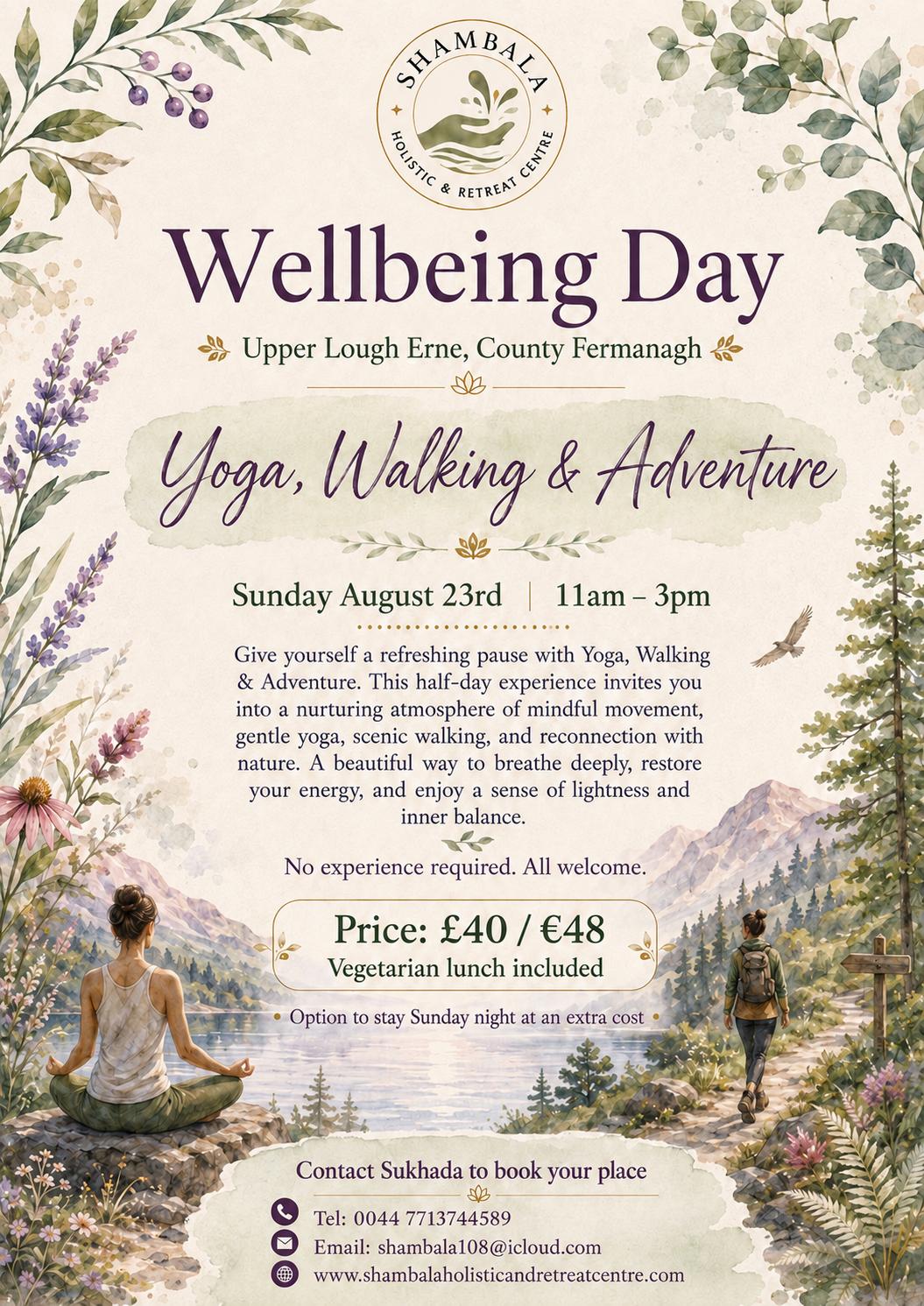Yoga Walking and Adventure Wellbeing Day poster at Shambala Holistic Retreat Centre, Derrylin, Co. Fermanagh
